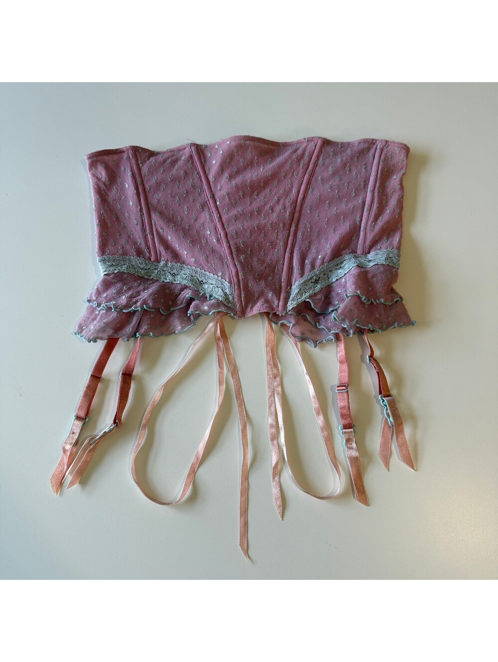 Vintage Y2K Rampage Pink Mesh Corset Garter Belt Ruffle Coquette Lingerie